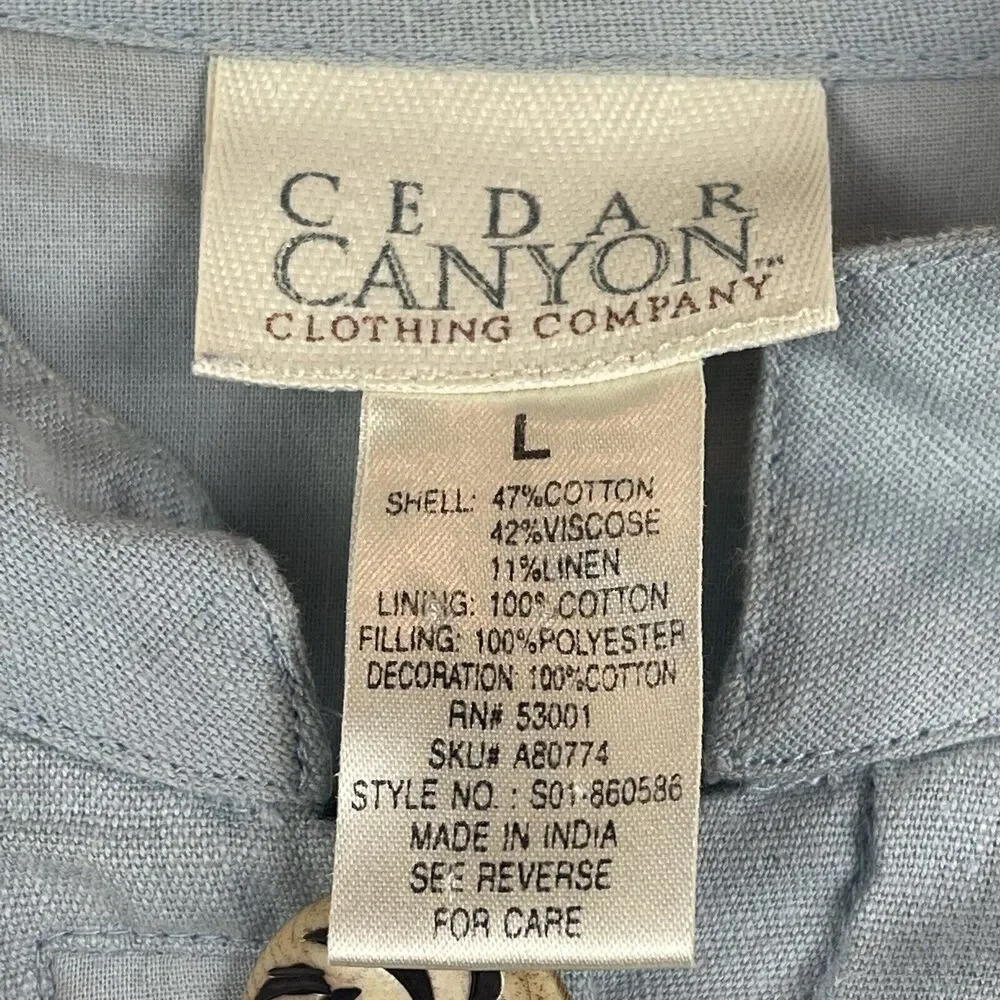 Cedar‎ Canyon Womens Floral Embroidered Jacket Large Blue Linen Blend Cottage